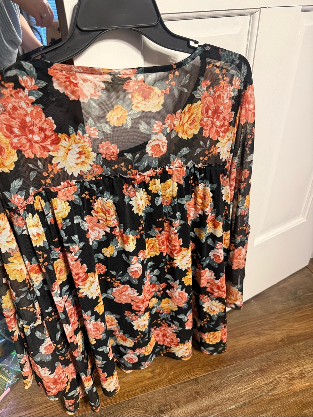Bobbi Brown Black Sheer Floral Blouse with Coral and Yellow Blooms - Picture 2 of 2